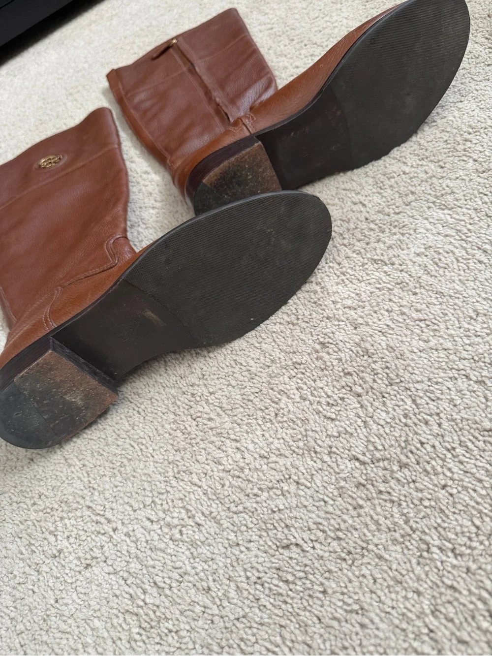 Tory Burch Chestnut Brown Tall Leather Riding Boots with Logo Medallion 9.5